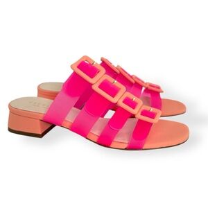 Cecelia New York Vibrant Pink and Peach Buckle Rubber Strap Sandals, Size 7